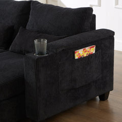 Convertible Chaise Lounge 63' Loveseat Sofa Bed with USB Ports, Cup Holders, Phone Holder & Storage, Black Corduroy