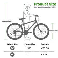 A24338 24 Inch Carbon Steel Frame Mountain Bike,21-Speed Dual V-Brake, Adult and Teens Bicycle for Mountain