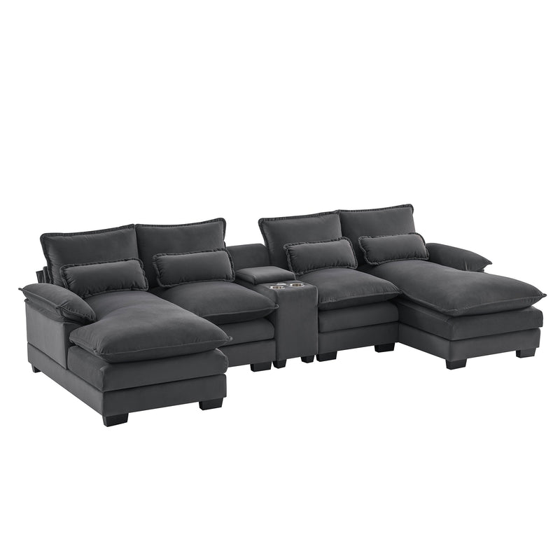 Modern U-shaped 6-Seat Sofa with Console, Cupholders, USB Ports, Velvet Upholstery in Gray