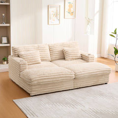 Plush Upholstered Oversized Double Chaise Lounge Sofa with USB Ports and Cup Holders, Champagne, Faux Rabbit Fur, 83.5'