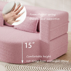 Modern Floor Sofa with 2 Pillows,Convertible Teddy Fabric Foam Filled Sleeper Sofa Bed,15 ' Full Size Folding Mattress for Living Room,Guest Bed,Playroom,No Assembly Required,Pink