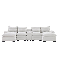 Modern U-shaped Sofa with Console, Cupholders & USB Ports, 6-seat Upholstered Furniture, Chenille, 123*55 inches, White