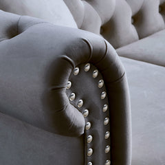 [Video] 80' Chesterfield Sofa Grey Velvet for Living Room, 3 Seater Sofa Tufted Couch with Rolled Arms and Nailhead for Living Room, Bedroom, Office, Apartment, two pillowsW834S00009