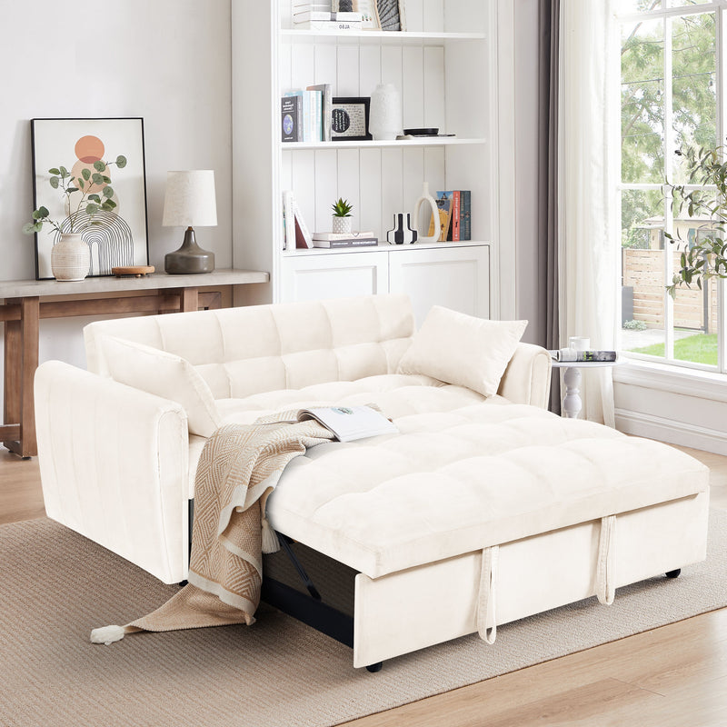 65'3-in-1 foldable large size sofa bed, modern velvet double sofa, sofa bed with adjustable back, storage bag and pillow, suitable for living room, bedroom (beige)