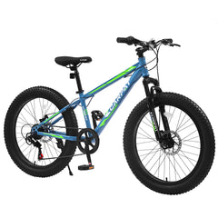 S24109 Elecony 24 Inch Fat Tire Bike Adult/Youth Full Shimano 7 Speeds Mountain Bike, Dual Disc Brake, High-Carbon Steel Frame, Front Suspension, Mountain Trail Bike, Urban Commuter City Bicycle