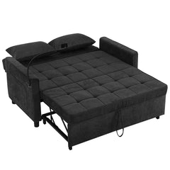 Contemporary 56.9' Loveseat Sofa Bed Sleeper with Reversible Backrest, Side Pockets, USB Ports, Phone Holder, Black Chenille