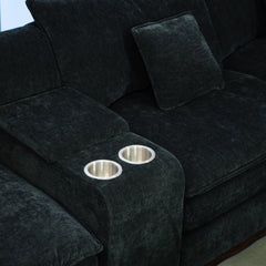 U Shaped Sectional Cloud Couch for Living Room,144' Comfy Fluffy Modular Sofa with Movable Ottoman Modern Chenille 6 Seat Sectional Sofa Set with Console, Cup Holders,Black