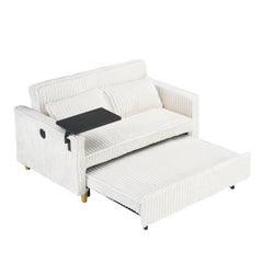 The pull-out and push-in beige corduroy sofa with dual functions, equipped with a movable tabletop and USB ports, is suitable for use in living rooms and bedrooms.