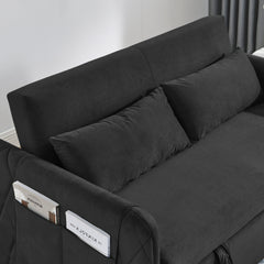 55' Modern Convertible Sofa Bed with 2 Detachable Arm Pockets, Velvet Loveseat Sofa with Pull Out Bed, 2 Pillows and Living Room Adjustable Backrest, Grid Design Armrests
