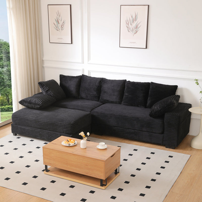 108.6' Sectional Sofa, Thickened Corduroy Sectional Couches For Living Room,comfortable L-shaped Chaise Sectional Sofa With Storage Ottoman,Eight Throw Pillows,Black
