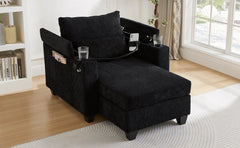 Convertible Chaise Lounge Sofa Chair Bed with USB Ports, Cup Holders & Storage, Black Corduroy, 37.4'