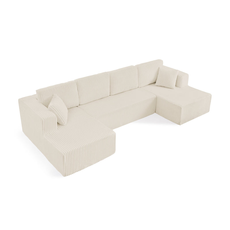 Modern Minimalist U-Shape Modular Sectional Sofa Sleeper in Beige Corduroy