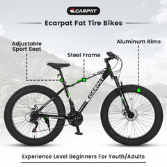 S26109 Elecony 26 Inch Fat Tire Bike Adult/Youth Full Shimano 21 Speed Mountain Bike, Dual Disc Brake, High-Carbon Steel Frame, Front Suspension, Mountain Trail Bike, Urban Commuter City Bicycle