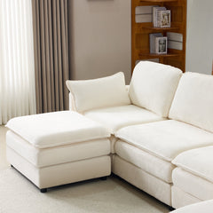 136' Plush Cloud 3-seater Sofa: Modular 4-seater Sofa + 2 Footstools with 22' Beige Chenille Cushions + 2 Throw Pillows - Compact Size for Apartment, Living Room, Bedroom (Beige)