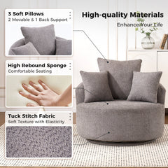 360° Swivel Chair Accent Barrel Chair Swivel Round Upholstered Sofa Chair with 3 Removable Pillows for Living Room, Bedroom, Office and Hotel, High-Resilience Sponge,Grey