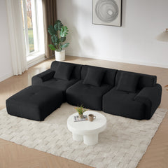 Modern L-Shaped Modular Sectional Sofa in Black Corduroy, 113' Oversized 3-Seater with Deep Seat and Movable Ottoman – No Assembly Required