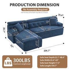 105'' Cloud Sectional Couch with L-Shape Chaise,Modern Modular Sofa with Deep Seat, Boneless Sofa for Living Room Bedroom,No Assembly Required,Blue.