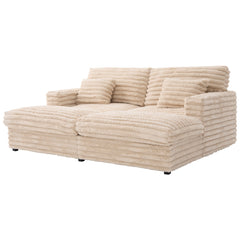 Plush Upholstered Oversized Double Chaise Lounge Sofa with USB Ports and Cup Holders, Champagne, Faux Rabbit Fur, 83.5'