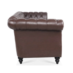 Dark Brown PU Rolled Arm Chesterfield Three Seater Sofa with Solid Wood Frame and Birch Legs
