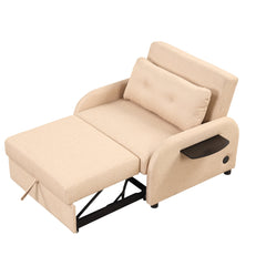 Versatile Pull Out Sofa Sleeper 3 in 1 with Wing Table & USB Charge, Beige Linen, Compact Design