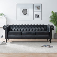 Traditional Black PU 3-Seater Sofa with Removable Cushions and Birch Legs, 83.66 Inch Width