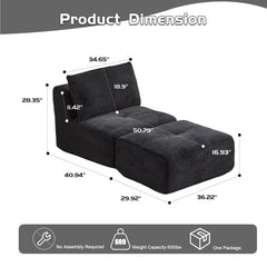 Modern Memory Foam Compressed Sofa,Single Chaise Longue for Living Room,Pet-Friendly Cloud Modular Sectional Sofa,Corduroy Fabric,Movable Ottoman,No assembly required,Black