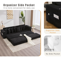 [NEW ARRIVED] [VIDEO PROVIDED] 110.75' Modular L Shaped Sofa, Corduroy Fabric Sectional Couch,With a movable footstool, Cup Holders,Bring 8 throw pillows,Side Pocket,Unfold into a Bed,Black