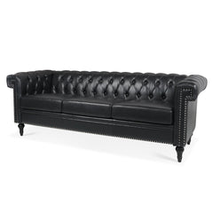 Traditional Black PU 3-Seater Sofa with Removable Cushions and Birch Legs, 83.66 Inch Width