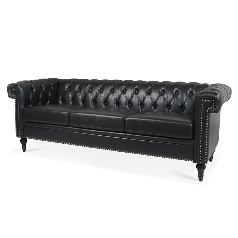 Traditional Black PU 3-Seater Sofa with Removable Cushions and Birch Legs, 83.66 Inch Width