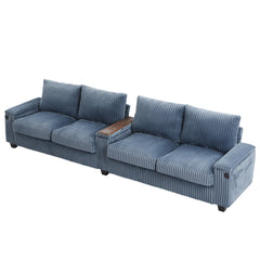 Modern 4-Seater Corduroy Sofa Couch with USB Ports, Hidden Storage, Flip-Top Cup Holders, Blue, 133'