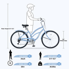 7 Speed Bicycles,  Multiple Colors 26'Inch  Beach Cruiser Bike