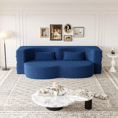 Modern Floor Sofa with 2 Pillows,Convertible Teddy Fabric Foam Filled Sleeper Sofa Bed,15 ' Full Size Folding Mattress for Living Room,Guest Bed,Playroom,no assembly required,Blue