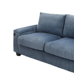 Modern 4-Seater Corduroy Sofa Couch with USB Ports, Hidden Storage, Flip-Top Cup Holders, Blue, 133'