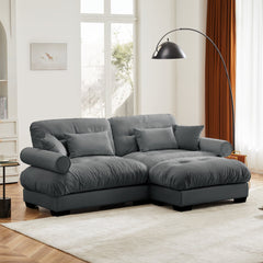 Modern Grey Velvet Two-Seater Sofa with Ottoman and Round Bolster Armrests, L Shape for Living Room