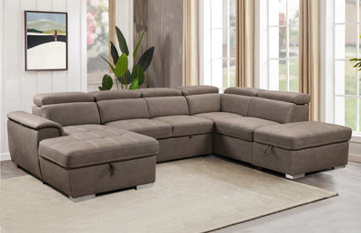 128'Sofa U Shaped Sectional Couch with Ottomans Reversible Modular Sofa 7 Seater Couch with Storage Seat,Living Room Furniture Sofa Sets with Adjustable Headrest, Brown