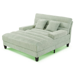 Modern Chaise Lounge Sofa Bed with Adjustable Backrest and LED Light Strip, Green Chenille Upholstered, 57.1 Inches