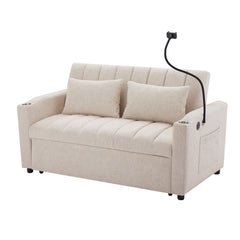 Convertible Sofa Bed Loveseat with USB Ports, Side Pockets, Cup Holders, Swivel Phone Holder, Beige, Bella Fabric