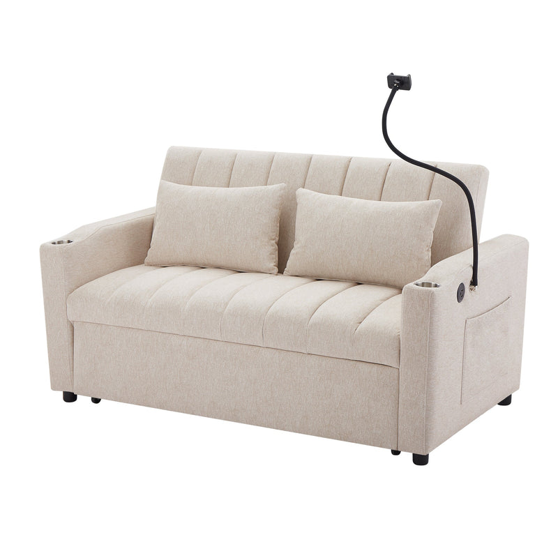 Convertible Sofa Bed Loveseat with USB Ports, Side Pockets, Cup Holders, Swivel Phone Holder, Beige, Bella Fabric