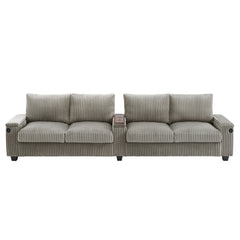 Modern 4-Seater Corduroy Sofa Couch with USB Ports, Hidden Storage Arms, and Flip-Top Cup Holders, Brown, 133 Inches