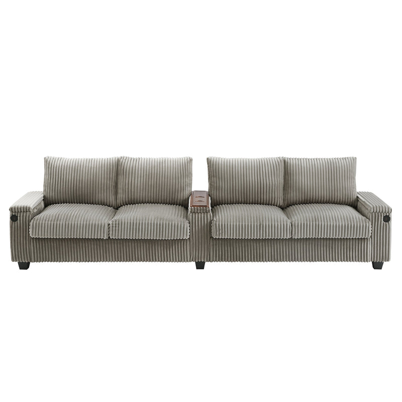 Modern 4-Seater Corduroy Sofa Couch with USB Ports, Hidden Storage Arms, and Flip-Top Cup Holders, Brown, 133 Inches