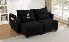 Convertible Chaise Lounge 63' Loveseat Sofa Bed with USB Ports, Cup Holders, Phone Holder & Storage, Black Corduroy