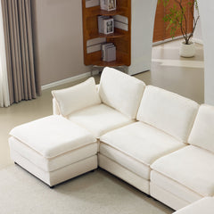136' Plush Cloud 3-seater Sofa: Modular 4-seater Sofa + 2 Footstools with 22' Beige Chenille Cushions + 2 Throw Pillows - Compact Size for Apartment, Living Room, Bedroom (Beige)