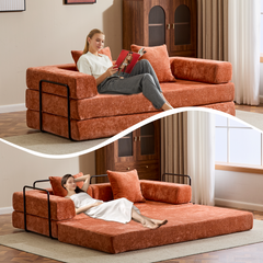 Floor Couch,Compression Sofa,Convertible Floor Sofa Bed-with Pillow Back Support Armrest,Comfy Futon Couch Lounge Sleeper Bed,chenille fabric,for Living Room Bedroom (orange)