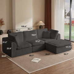 Cloud Sectional Couch for Living Room, Convertible L-Shape Sofa with Ottoman, 3 Seater Modular Design in Gray Chenille Fabric, 110 inches