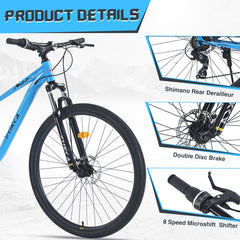 29 Inch Wheels 8 Speed Mountain Bike, for Men Women Boys and Girls, Front Suspension, Steel Frame