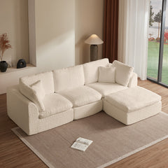 Cloud Style L-Shape Modular Sectional Sofa with Ottoman, 3 Seater Convertible Couch in Warm White Beige, Chenille Fabric, 110 Inch