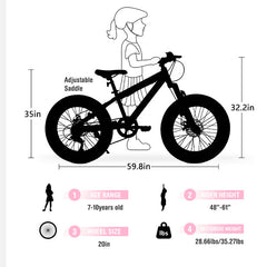V20235 20 Inch Fat Tire Bike Adult 7 Speed Mountain Bike, Dual Disc Brakes, High Carbon Steel Frame, Front Suspension, Mountain Buggy, City Commuter City Bike, Fat Tire Bike