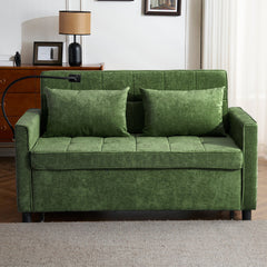Convertible Loveseat Sofa Bed with Adjustable Backrest, USB Ports, Phone Holder, Side Pockets, Green Chenille, 56.9'