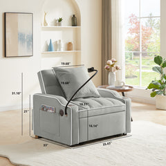 3-in-1 Convertible Sleeper Chair Sofa Bed, Adjustable Pull Out with Multi-Pockets in Gray Velvet