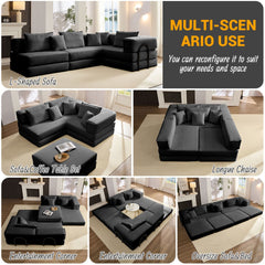 Oversized Upholstered Sectional Sofa Couch Set, Modular 118.2 ' L Shaped Floor Living Room Sofa Set With 6 Pillows, DIY Combination Sofa Couch for living rooms, apartments,bedrooms, Black